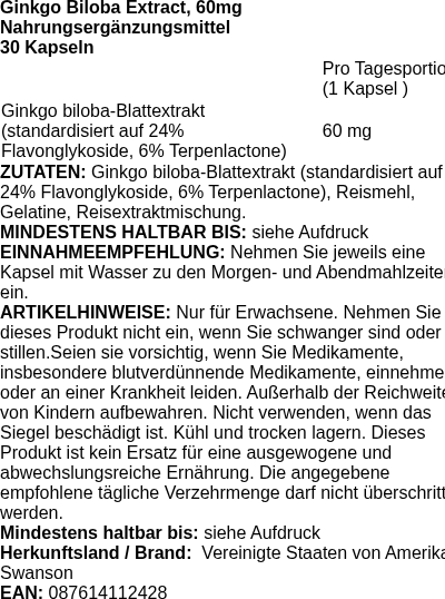 Produktetikett — Ginkgo Biloba Extract, 60mg - 30 caps (PB 85588)