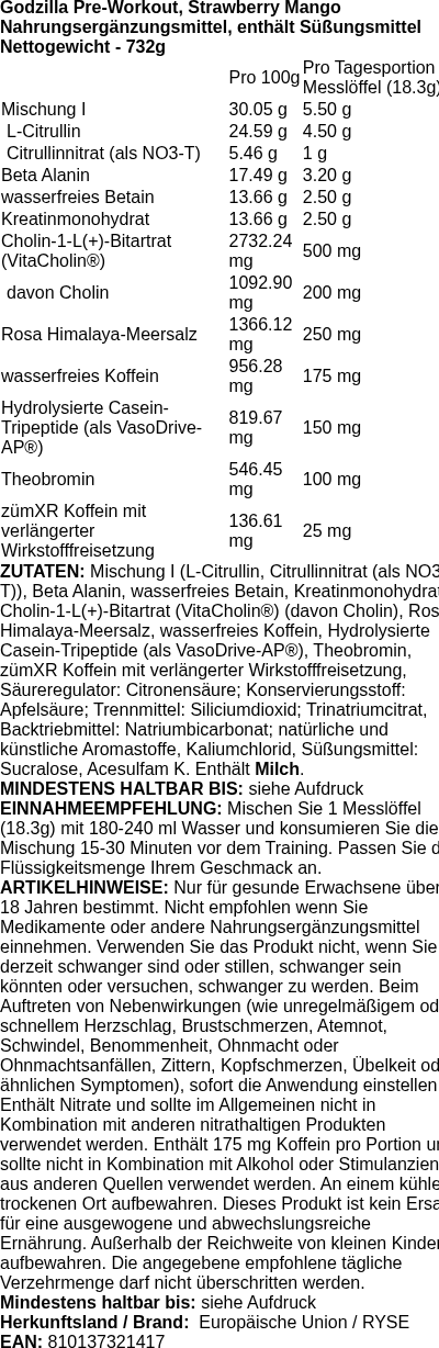 Produktetikett — Godzilla Pre-Workout, Strawberry Mango - 732g (PB 124624)
