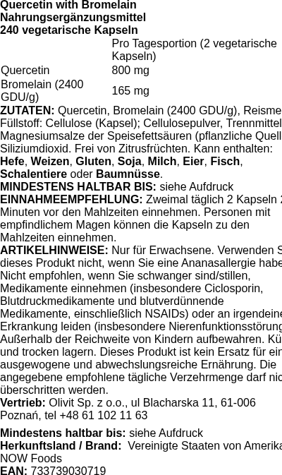 Produktetikett — Quercetin with Bromelain - 240 vcaps (PB 72576)