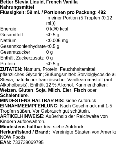 Produktetikett — Better Stevia Liquid, French Vanilla - 59 ml. (PB 7581)