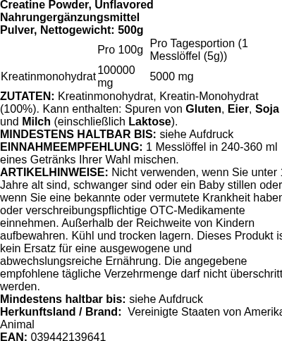 Produktetikett — Creatine Powder, Unflavored - 500g (PB 114473)