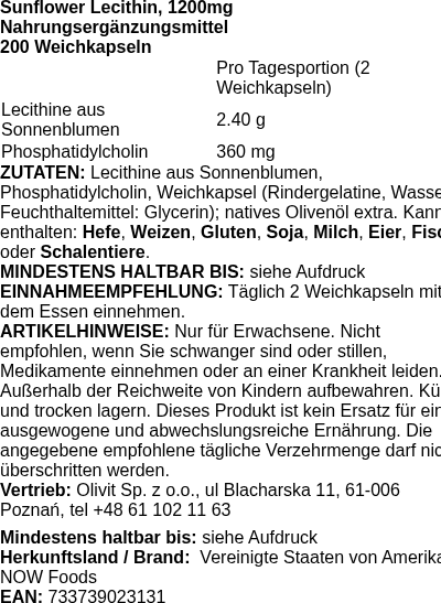 Produktetikett — Sunflower Lecithin, 1200mg - 200 softgels (PB 81115)
