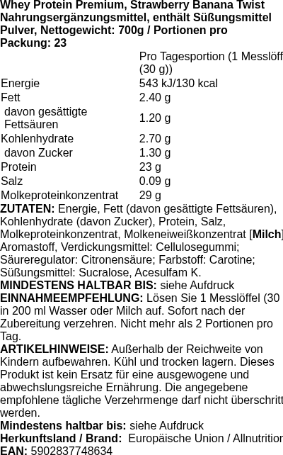 Produktetikett — Whey Protein Premium, Strawberry Banana Twist - 700g (PB 118632)