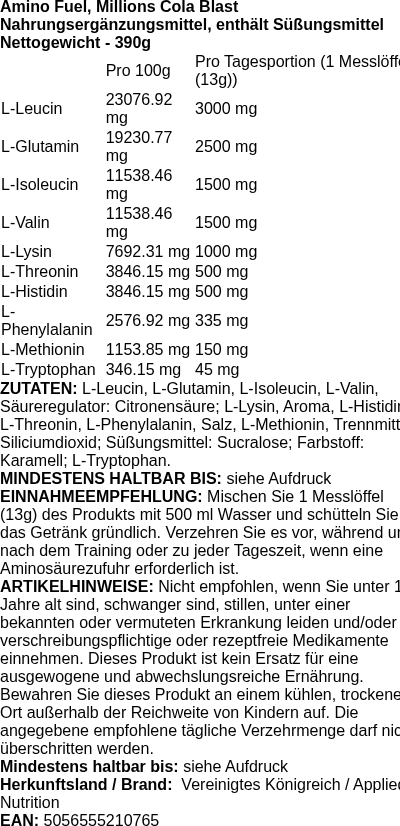 Produktetikett — Amino Fuel, Millions Cola Blast - 390g (PB 127793)