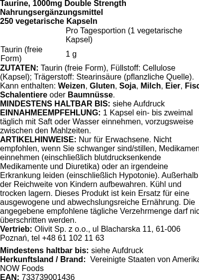 Produktetikett — Taurine, 1000mg Double Strength - 250 vcaps (PB 72748)