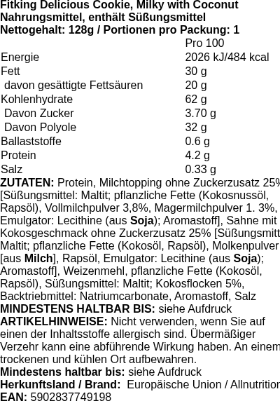 Produktetikett — Fitking Delicious Cookie, Milky with Coconut - 128g (PB 122778)