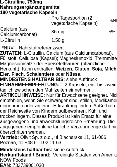 Produktetikett — L-Citrulline, 750mg - 180 vcaps (PB 64286)