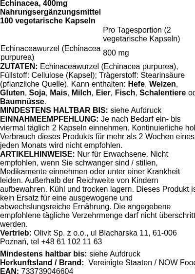 Produktetikett — Echinacea, 400mg - 100 vcaps (PB 71564)
