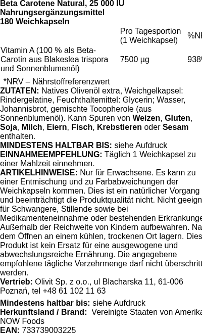 Produktetikett — Beta Carotene Natural, 25 000 IU - 180 softgels (PB 7092)