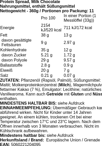 Produktetikett — Protein Spread, Milk Chocolate - 360g (PB 84141)