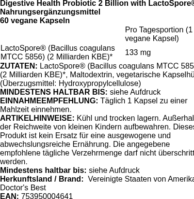 Produktetikett — Digestive Health Probiotic 2 Billion with LactoSpore - 60 vcaps (PB 85149)