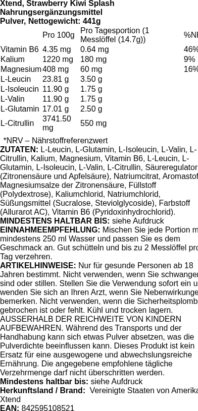 Produktetikett — Xtend, Strawberry Kiwi Splash - 441g (PB 10652)