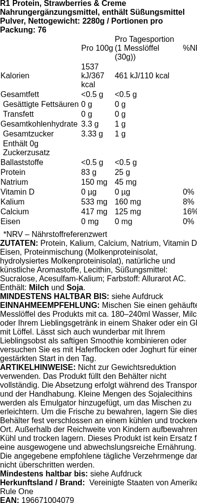 Produktetikett — R1 Protein, Strawberries & Creme - 2280g (PB 114074)