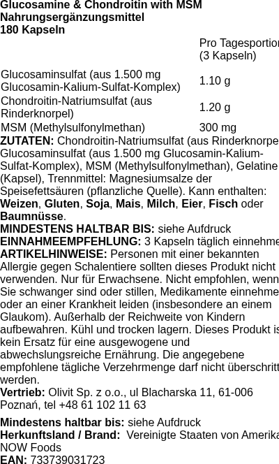 Produktetikett — Glucosamine & Chondroitin with MSM - 180 caps (PB 2729)