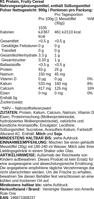 Produktetikett — R1 Protein, Fruity Cereal - 900g (PB 112623)