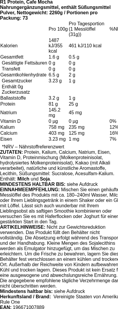 Produktetikett — R1 Protein, Cafe Mocha - 2260g (PB 113943)