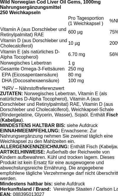 Produktetikett — Wild Norwegian Cod Liver Oil Gems, 1000mg - 250 softgels (PB 88249)