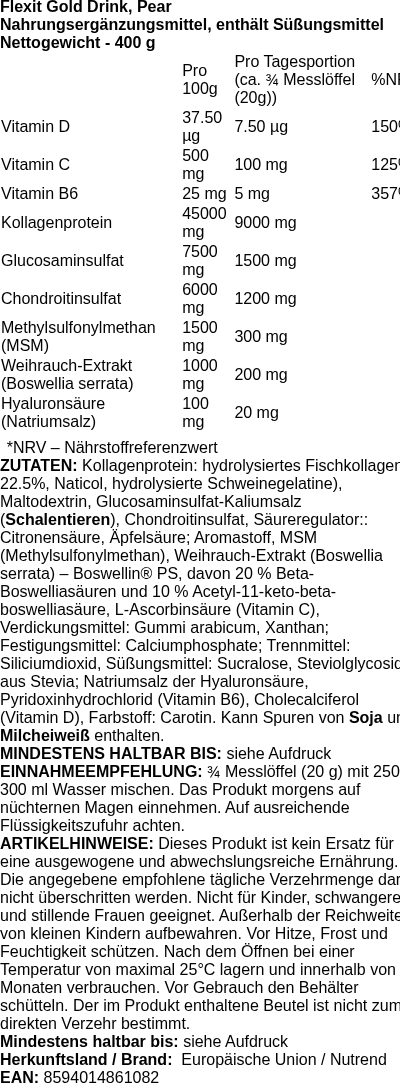 Produktetikett — Flexit Gold Drink, Pear - 400g (PB 76357)