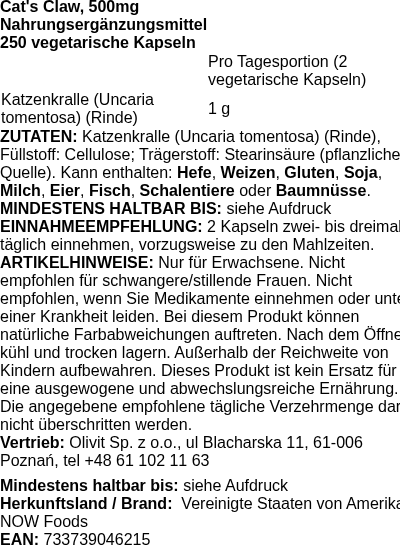 Produktetikett — Cat's Claw, 500mg - 250 vcaps (PB 64284)