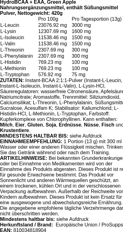 Produktetikett — HydroBCAA + EAA, Green Apple - 420g (PB 126337)