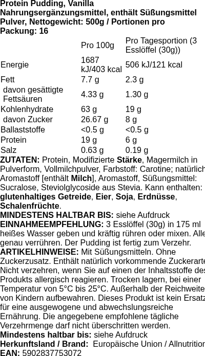 Produktetikett — Protein Pudding, Vanilla - 500g (PB 121496)