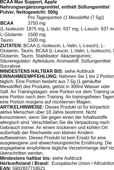 Produktetikett — BCAA Max Support, Apple - 500g (PB 83363)