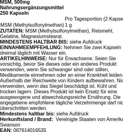 Produktetikett — MSM, 500mg - 250 caps (PB 85665)