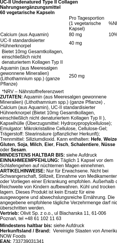 Produktetikett — UC-II Undenatured Type II Collagen - 60 caps (PB 2932)
