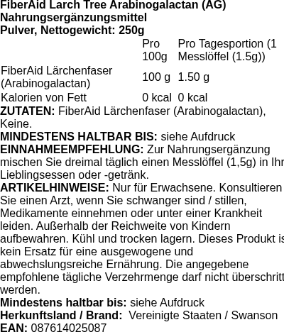 Produktetikett — FiberAid Larch Tree Arabinogalactan (AG) - 250g (PB 85752)