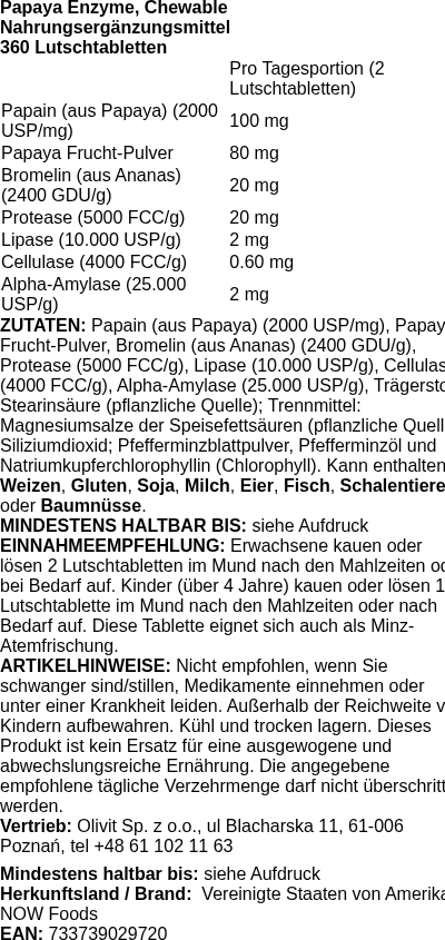 Produktetikett — Papaya Enzyme, Chewable - 360 lozenges (PB 72507)