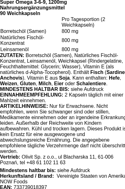 Produktetikett — Super Omega 3-6-9, 1200mg - 90 softgels (PB 72742)