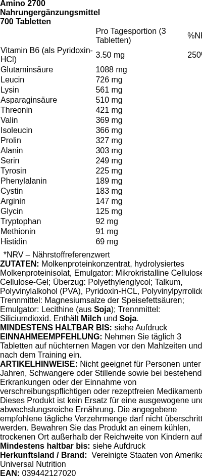 Produktetikett — Amino 2700 - 700 tablets (PB 116458)