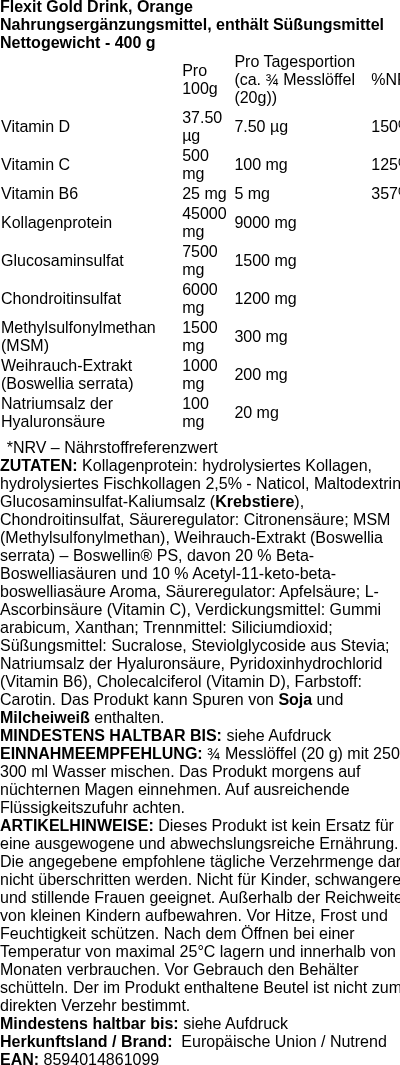 Produktetikett — Flexit Gold Drink, Orange - 400g (PB 76356)