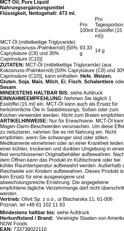 Produktetikett — MCT Oil, Pure Liquid - 473 ml. (PB 81105)