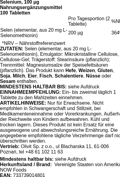 Produktetikett — Selenium, 100mcg - 100 tabs (PB 65076)