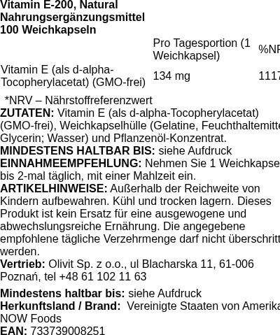 Produktetikett — Vitamin E-200, Natural - 100 softgels (PB 5014)