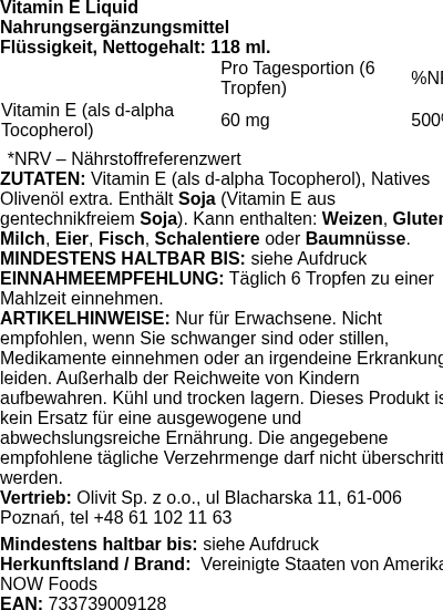 Produktetikett — Vitamin E Liquid - 118 ml. (PB 105250)