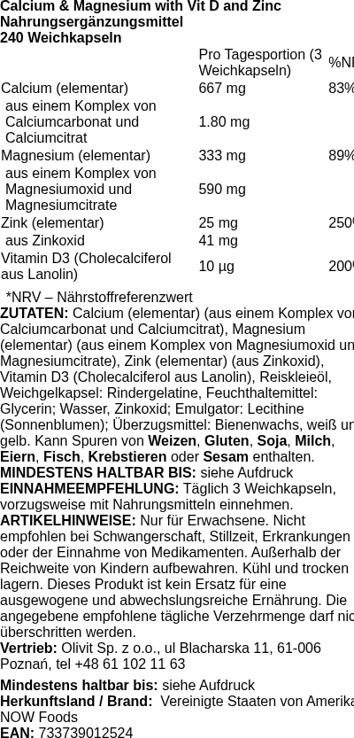 Produktetikett — Calcium & Magnesium with Vit D and Zinc - 240 softgels (PB 64279)