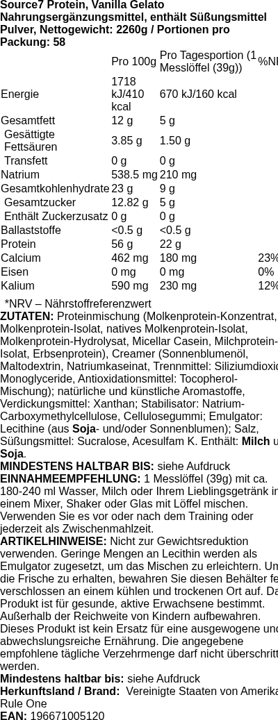 Produktetikett — Source7 Protein, Vanilla Gelato - 2260g (PB 118523)