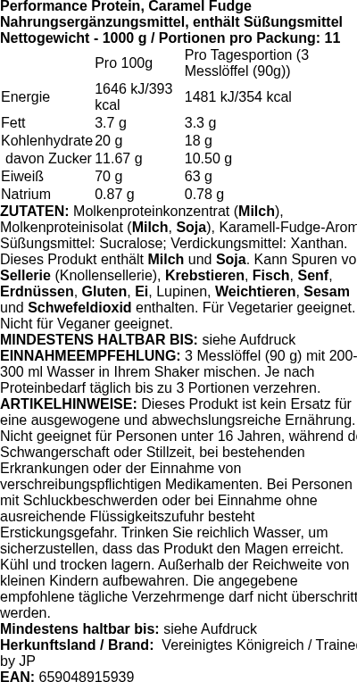 Produktetikett — Performance Protein, Caramel Fudge - 1000g (PB 127054)