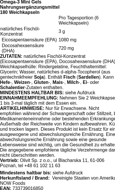 Produktetikett — Omega-3 Mini Gels - 180 softgels (PB 73234)
