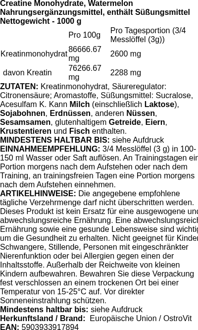 Produktetikett — Creatine Monohydrate, Watermelon - 1000g (PB 126309)