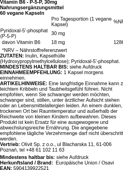 Produktetikett — Vitamin B6 - P-5-P, 30mg - 60 vegan caps (PB 112322)