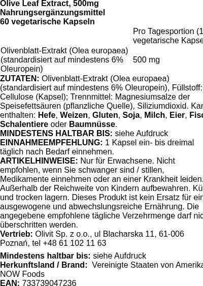 Produktetikett — Olive Leaf Extract, 500mg - 60 vcaps (PB 72363)