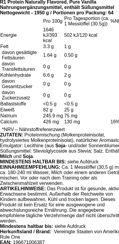 Produktetikett — R1 Protein Naturally Flavored, Pure Vanilla - 1950g (PB 114101)