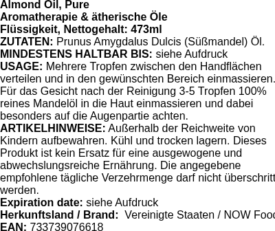 Produktetikett — Almond Oil, Pure - 473 ml. (PB 56385)