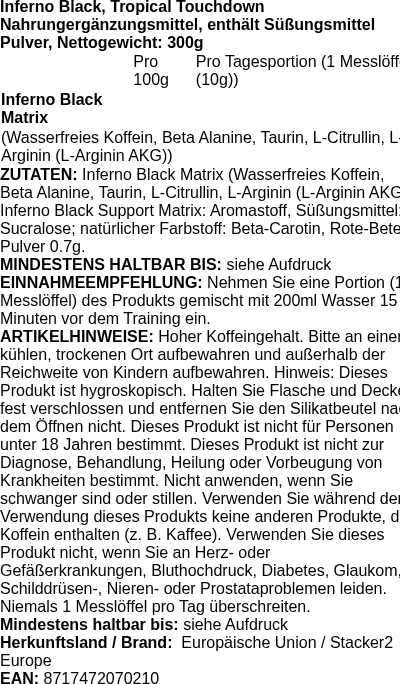 Produktetikett — Inferno Black, Tropical Touchdown - 300g (PB 112316)