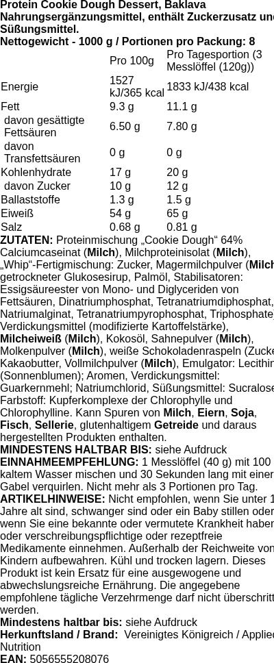 Produktetikett — Protein Cookie Dough Dessert, Baklava - 1000g (PB 122647)