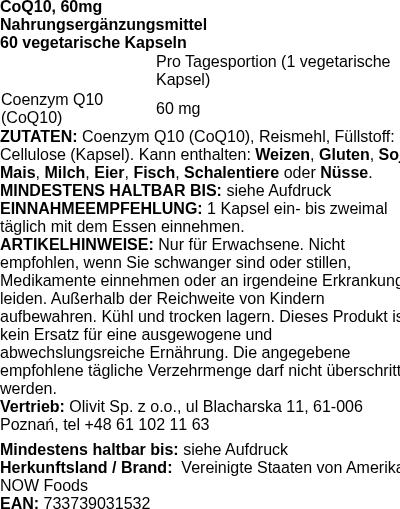 Produktetikett — CoQ10, 60mg - 60 vcaps (PB 82128)