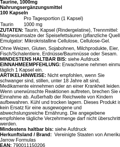 Produktetikett — Taurine, 1000mg - 100 caps (PB 82832)